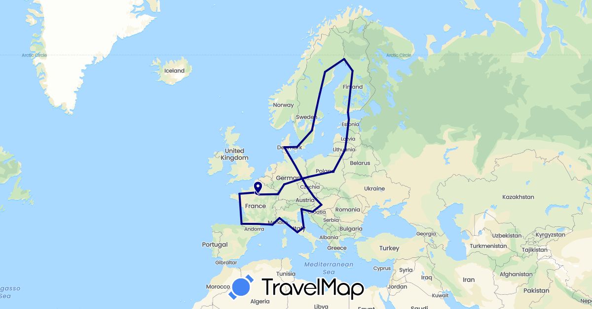 TravelMap itinerary: driving in Austria, Czech Republic, Germany, Denmark, Estonia, Finland, France, Croatia, Hungary, Italy, Lithuania, Latvia, Poland, Sweden (Europe)